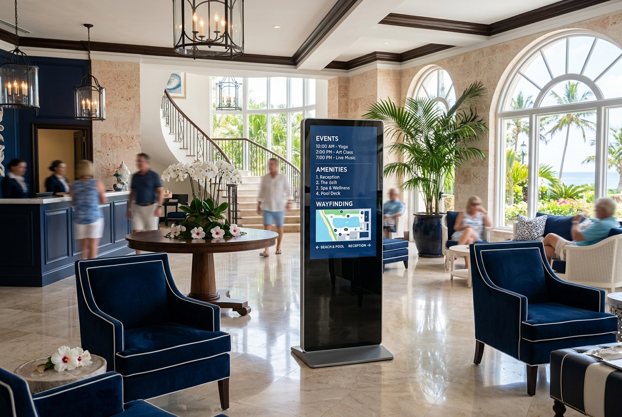 Floor-standing digital directory in a Bermuda hotel lobby