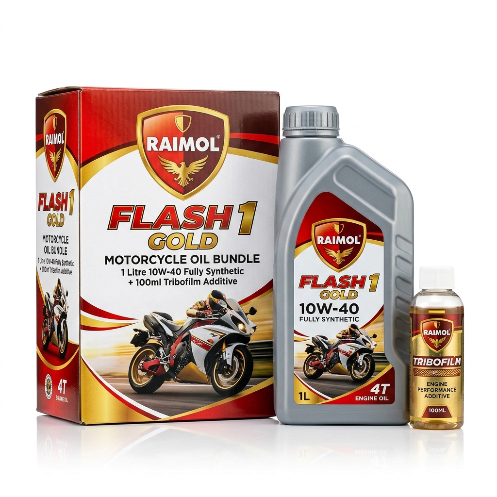 BUNDLE RAIMOL FLASH 1 GOLD FULLY SYNTHETIC 10W-40 MOTORCYCLE OIL 1L + RAIMOL TRIBOFILM MOTORCYCLE OIL ADDITIVE 100ML