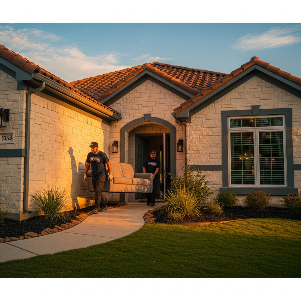 Three Hearts junk removal crew loading furniture at a Texas home