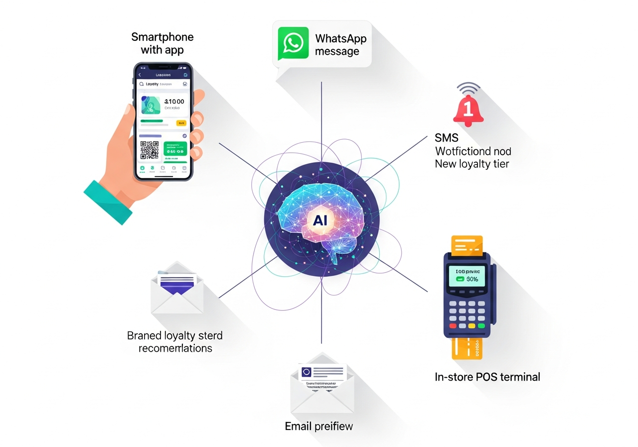 Omnichannel loyalty touchpoints — smartphone, WhatsApp, SMS, email, and in-store POS connected to central AI hub