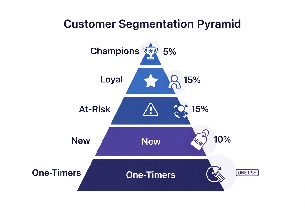 Customer segmentation pyramid showing Champions, Loyal, At-Risk, New, and One-Timers segments with AI-powered RFM analysis