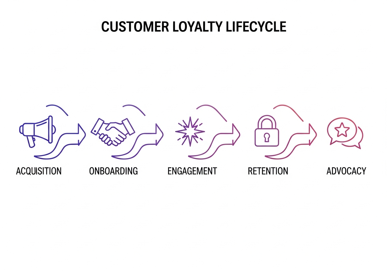Customer loyalty lifecycle: Acquisition, Onboarding, Engagement, Retention, Advocacy — each stage managed by Fundle AI agents