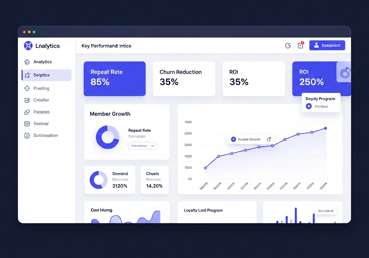 Loyalty analytics dashboard showing 85% repeat rate, 35% churn reduction, 250% ROI metrics