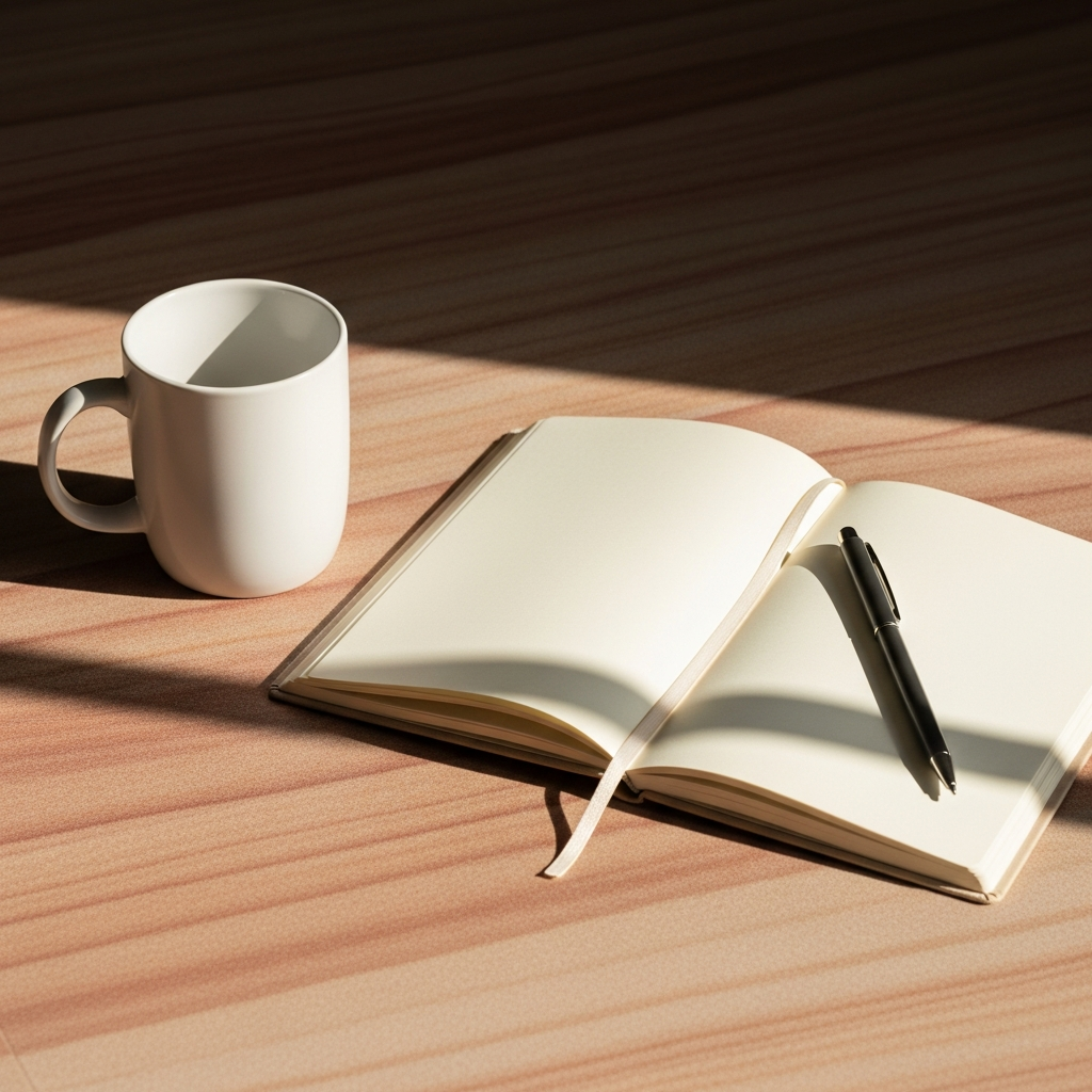 Notebook and mug — quiet morning ritual