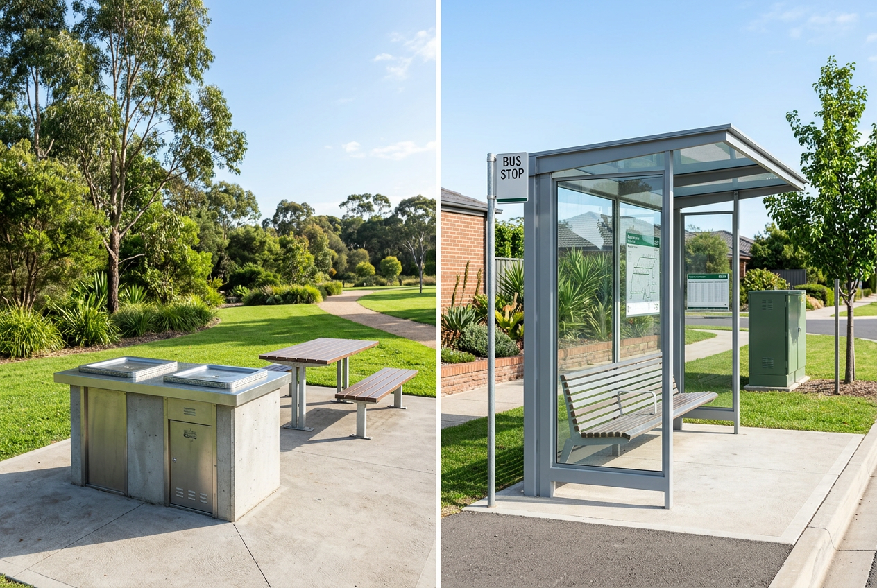 A freshly cleaned council park barbecue and a public bus shelter