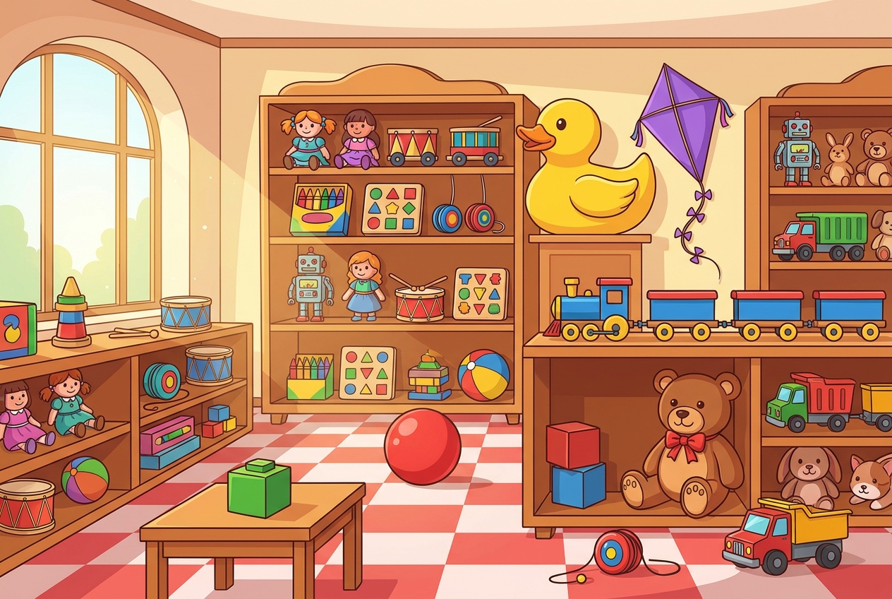 A cheerful toy-store scene filled with a rubber duck, teddy bear, red ball and other hidden objects