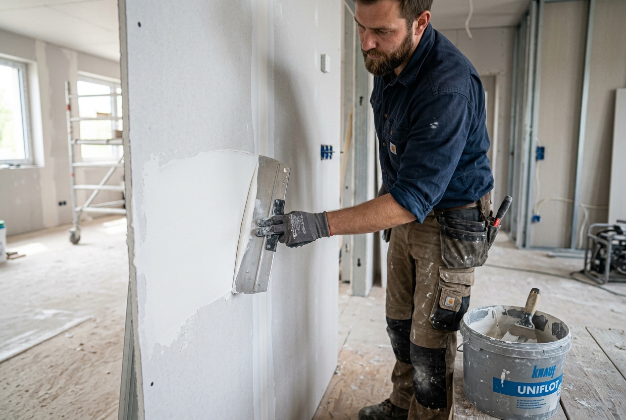 Handwerker beim Verspachteln einer Gipskartonwand