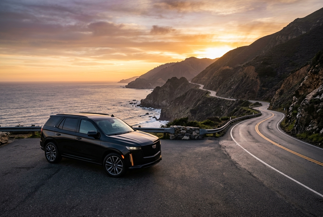 Black luxury family SUV overlooking a scenic coastal highway at sunrise, ready for a road trip