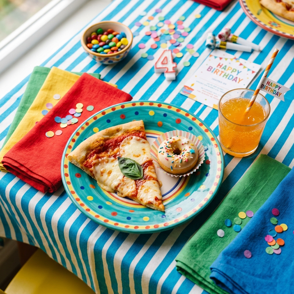 Porzione per bambini con pizza, dolcetto e bibita