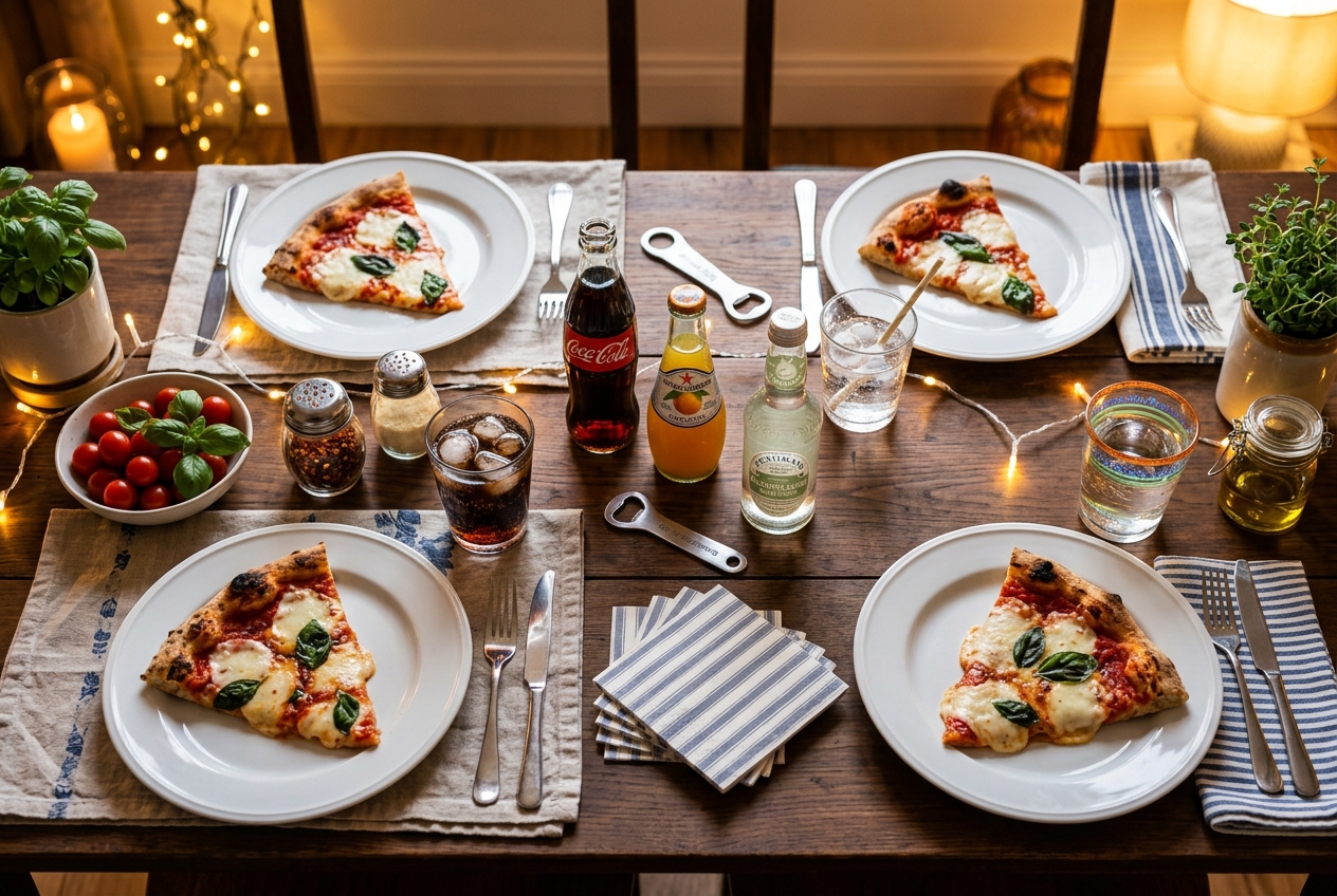 Tavolata con pizza e bibite