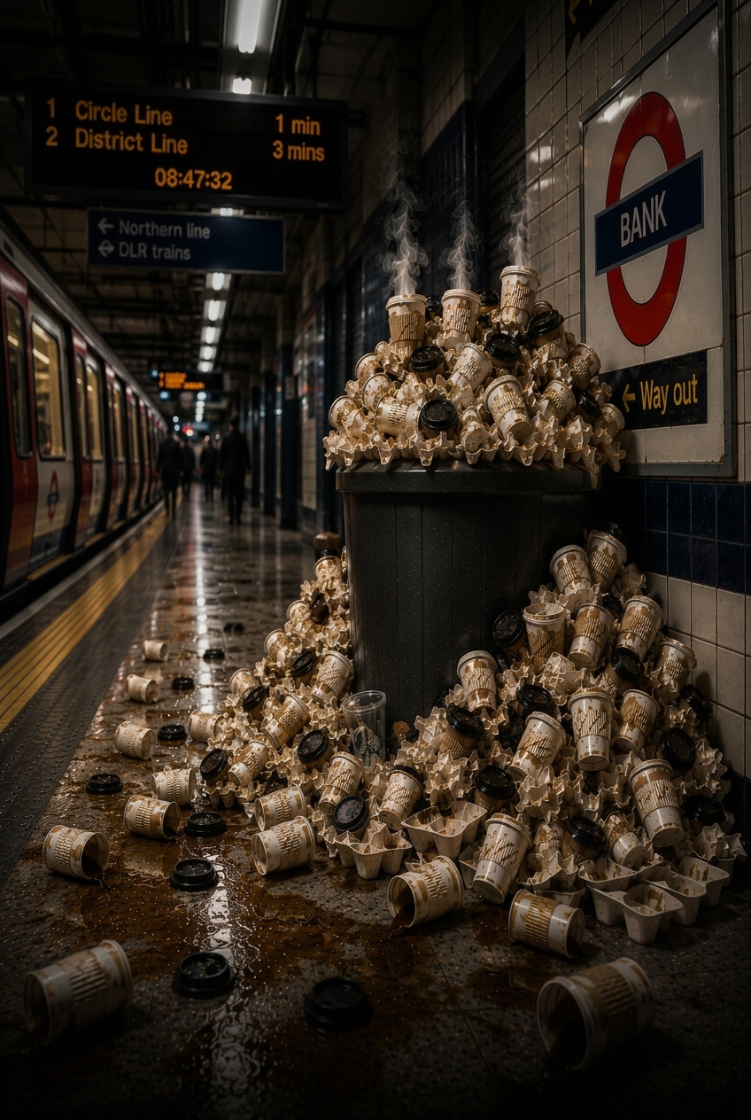 A London Underground litter bin overflowing with used coffee cups — the caffeine cycle myHABIT steps out of