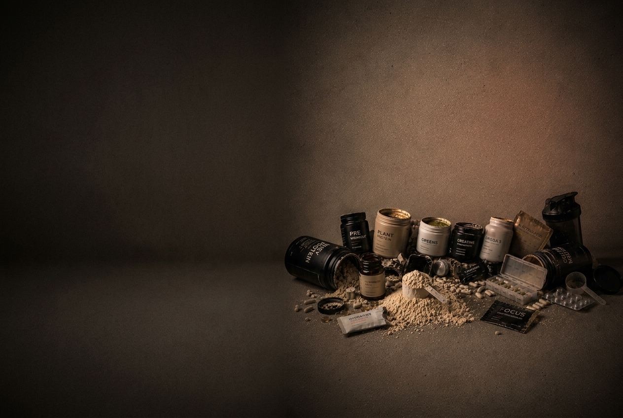 A pile of supplement tubs — the cluttered routine myHABIT replaces