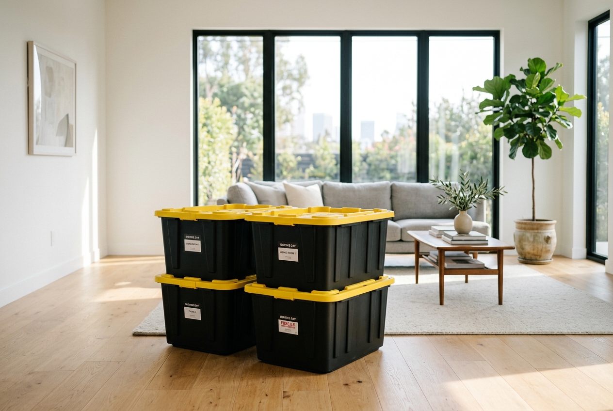 Black moving totes with yellow lids stacked in a modern living room