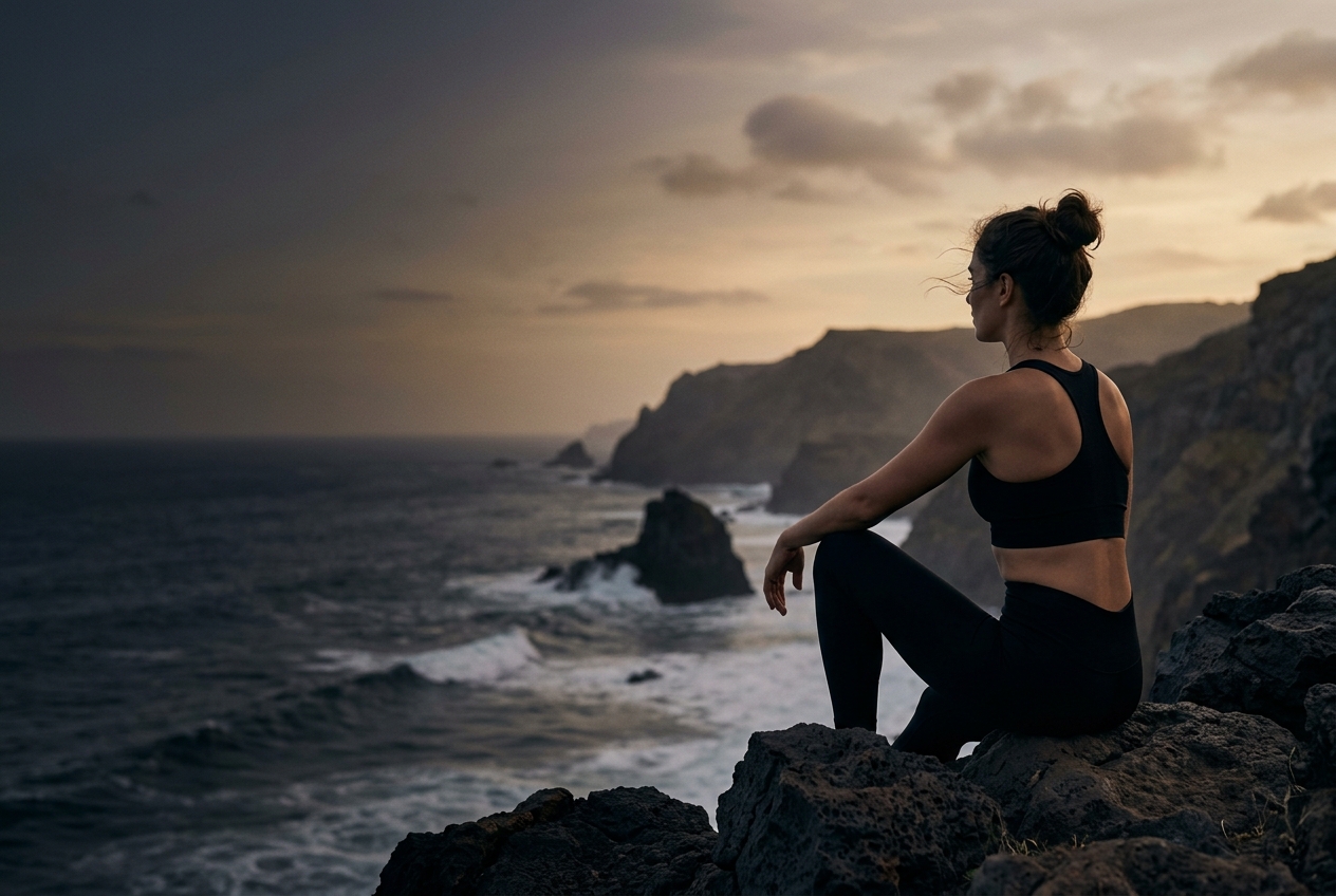 A woman practicing yoga by the ocean at sunset