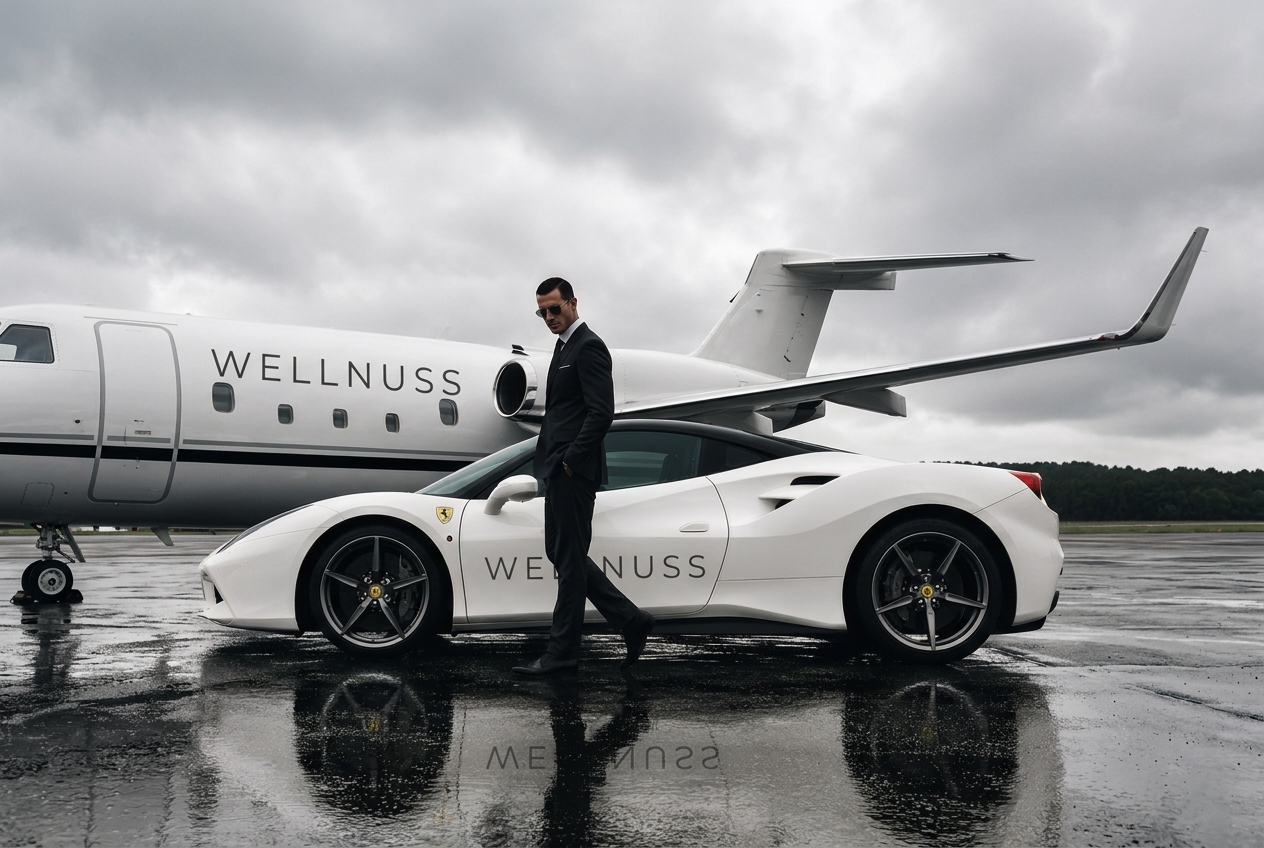 A WELLNUSS member walking past a branded sports car and private jet