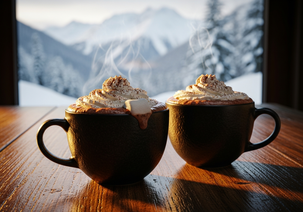 Chocolate caliente con vistas a la montaña nevada
