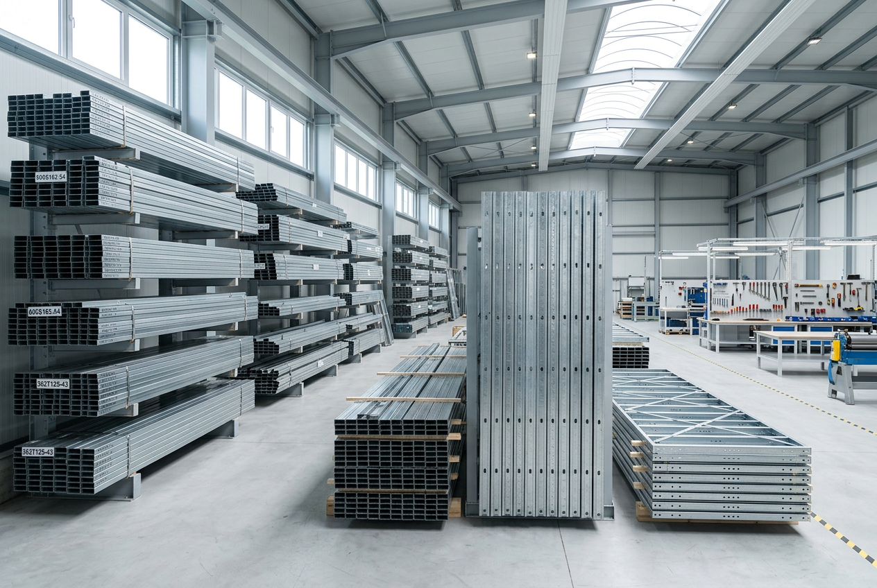 Steel studs organized in the fabrication facility