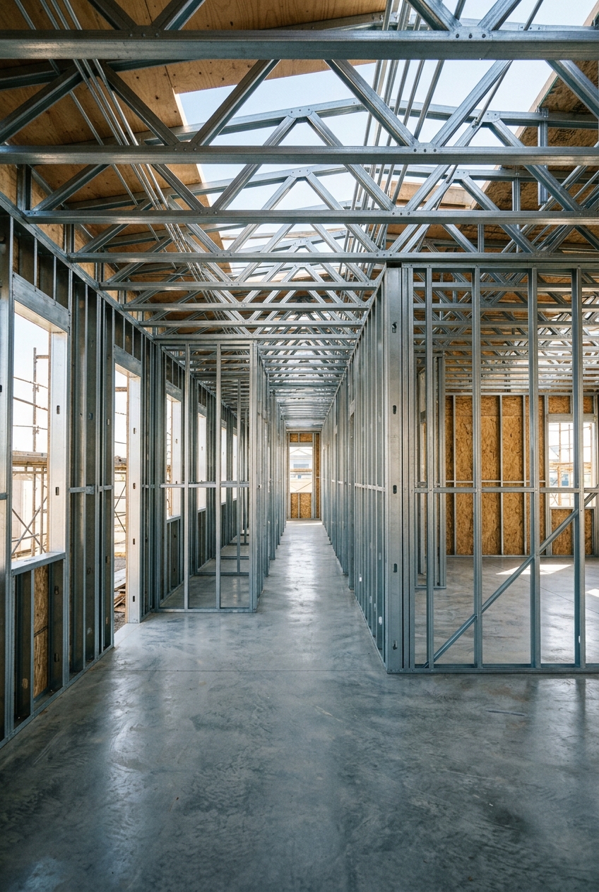 Interior light-gauge steel framing with stud walls and roof trusses