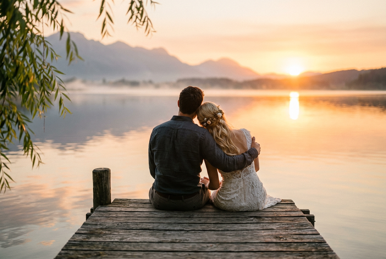 A married couple embracing during golden hour in a garden