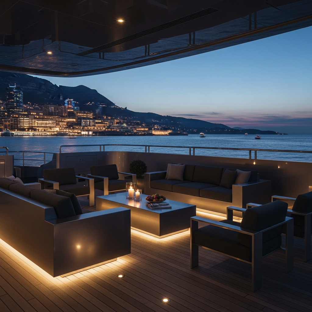 Monaco superyacht at dusk