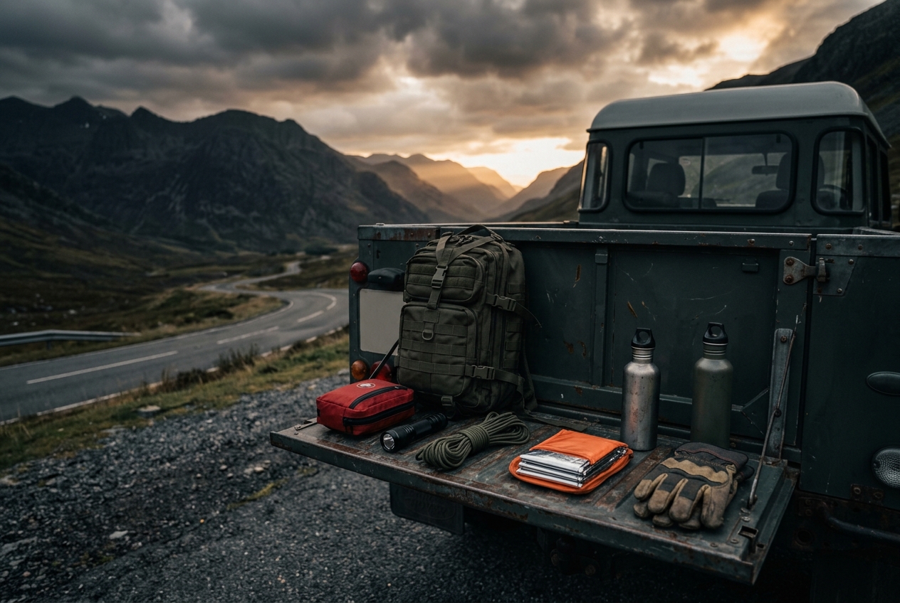 Readiness gear staged on a vehicle tailgate before a mountain storm