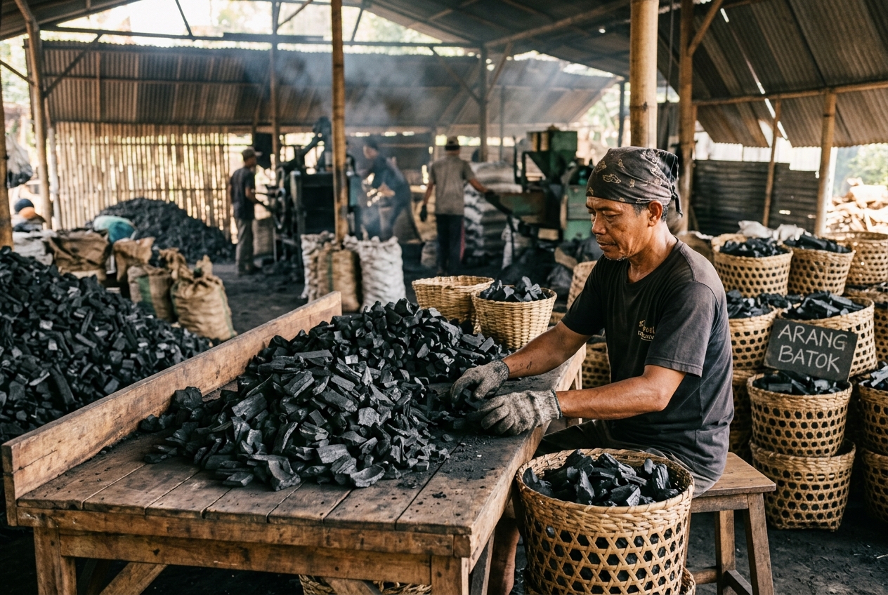 Charcoal handling at an Indonesian manufacturing partner facility