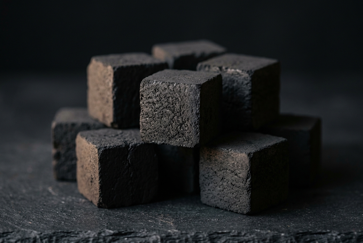 Close-up of coconut shell charcoal briquettes for shisha and hookah