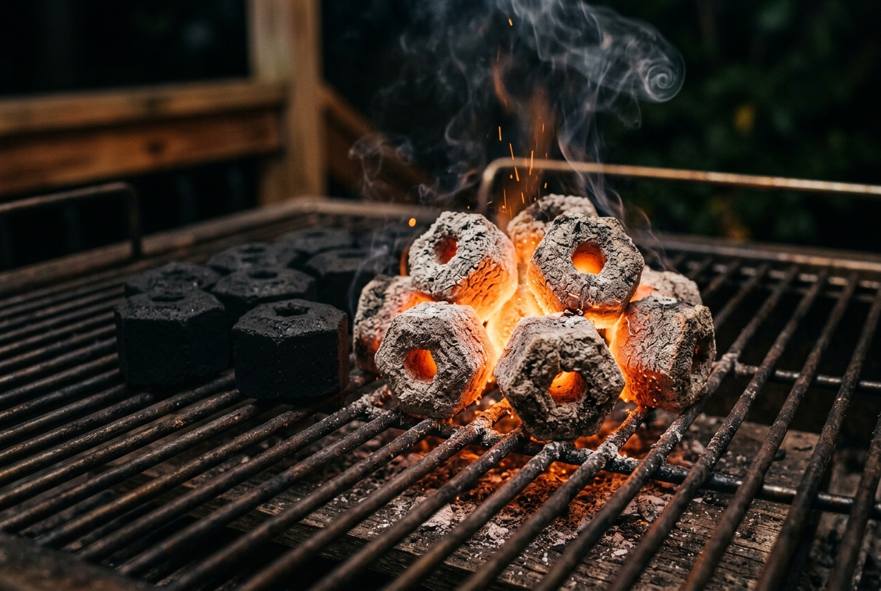 Glowing coconut shell BBQ charcoal briquettes for grilling