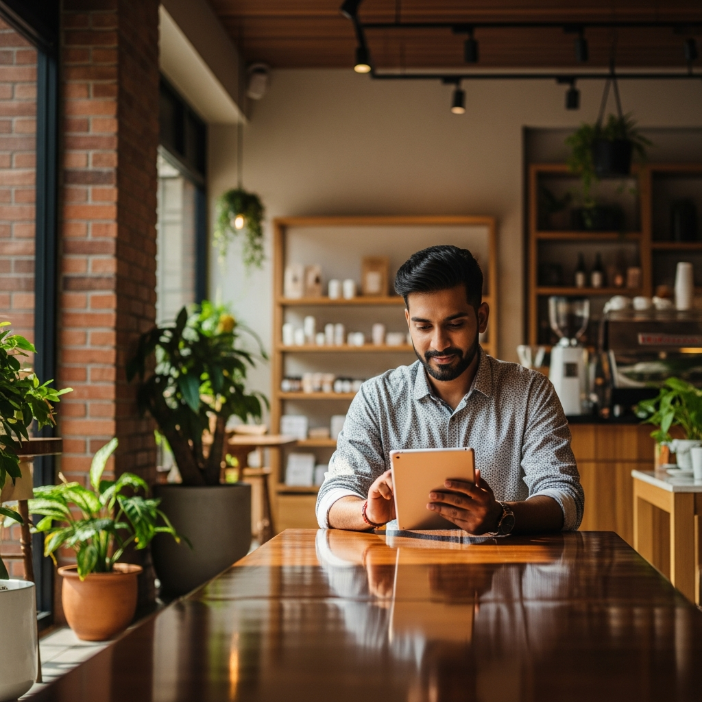 Indian SMB owner reviewing their business in a modern shop