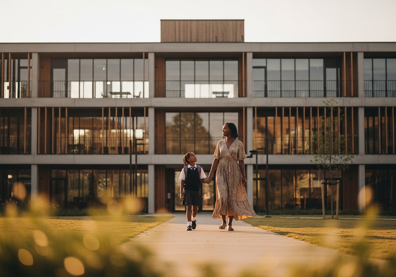 Mother walking child to school