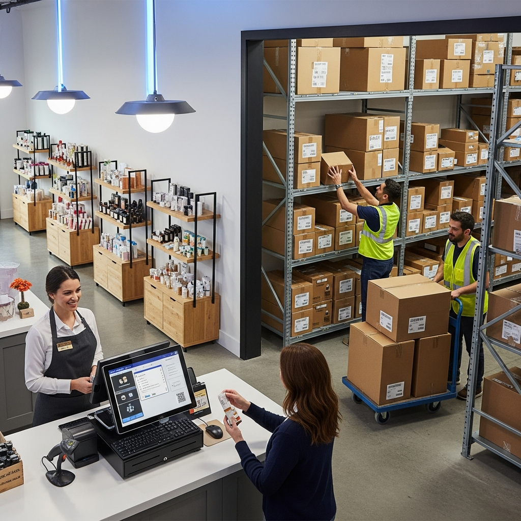 Small business warehouse with inventory and POS system