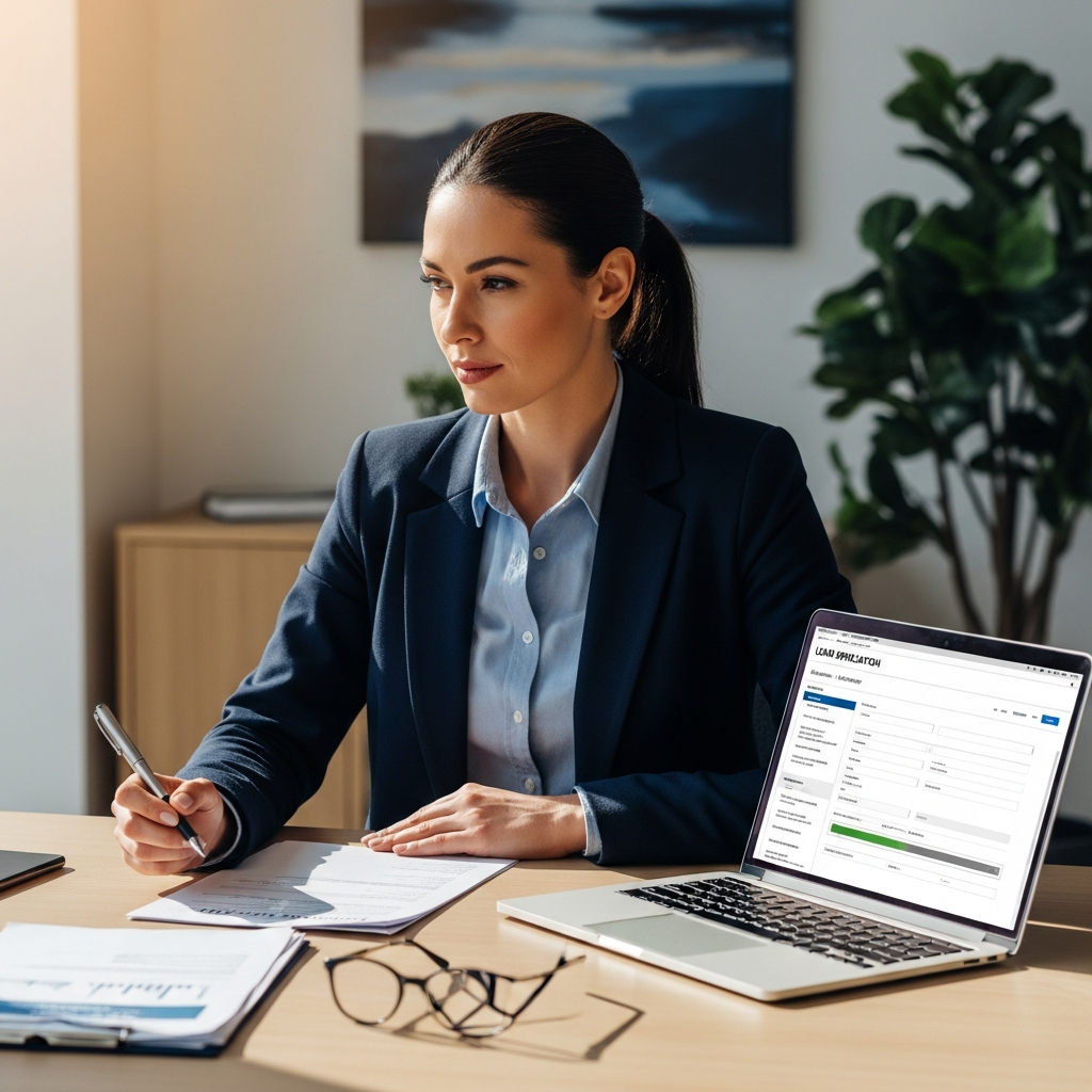 Business owner reviewing loan application at desk