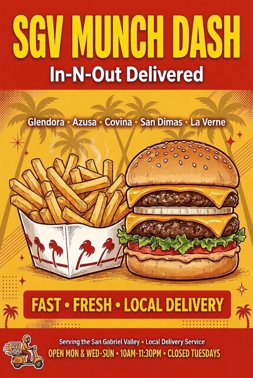 SGV Munch Dash poster — In-N-Out delivered, open Mon & Wed–Sun 10AM–11:30PM