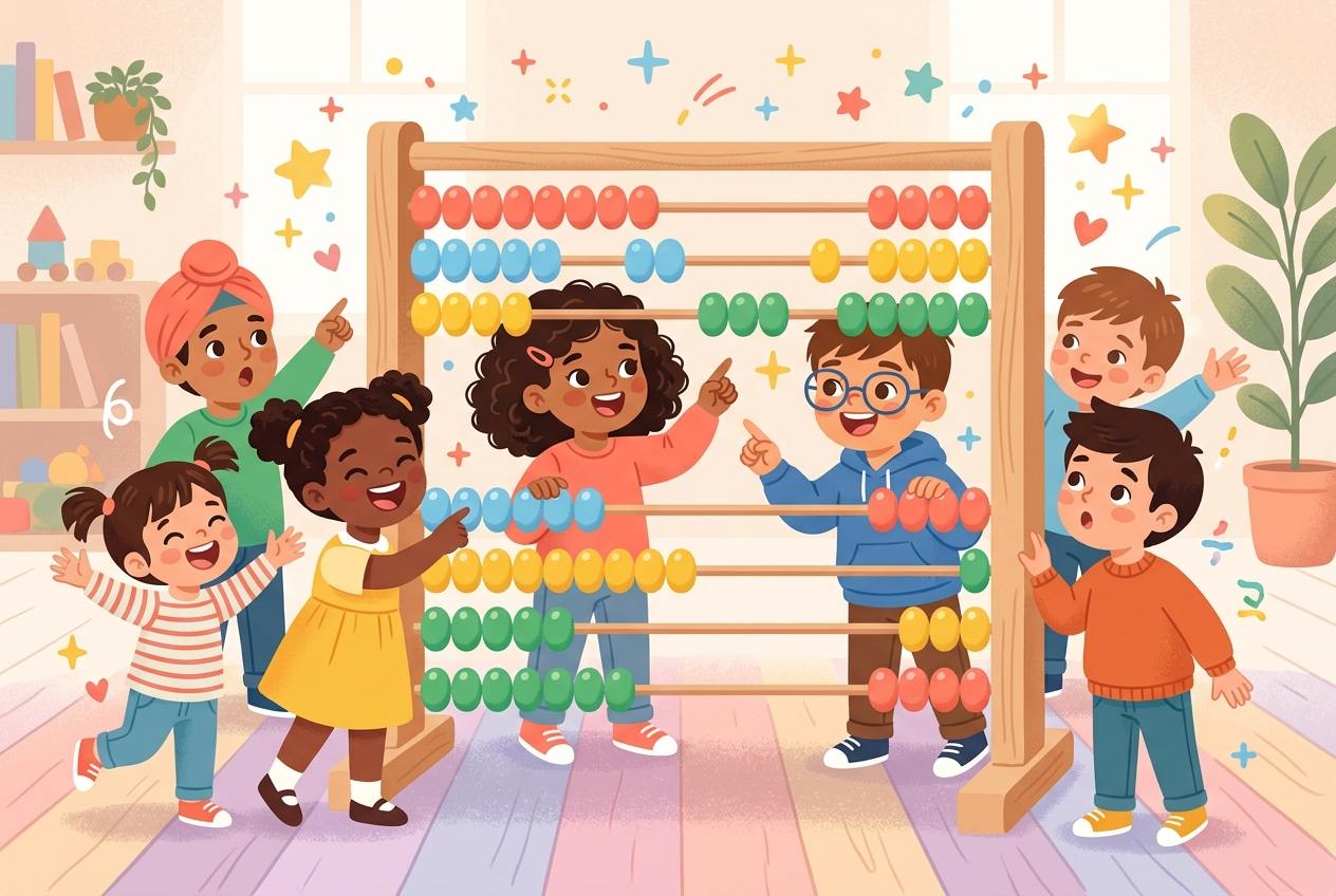 Children learning together around a colourful abacus