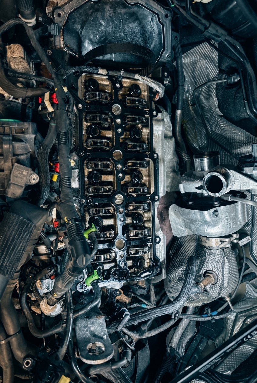 Ford engine wet belt and timing components close-up