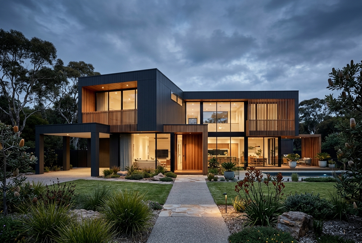 Premium modern Australian home built by 7 Homes at dusk