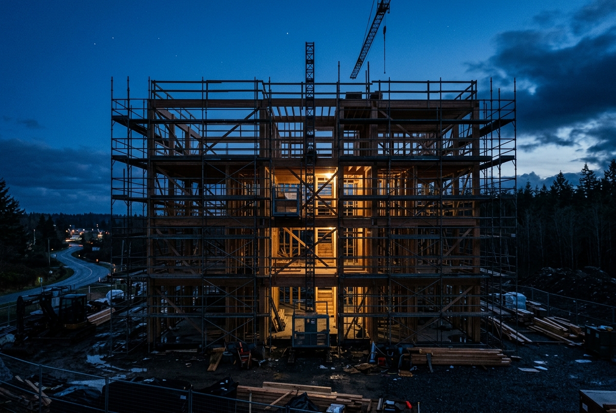 Timber-framed residential construction site at dusk