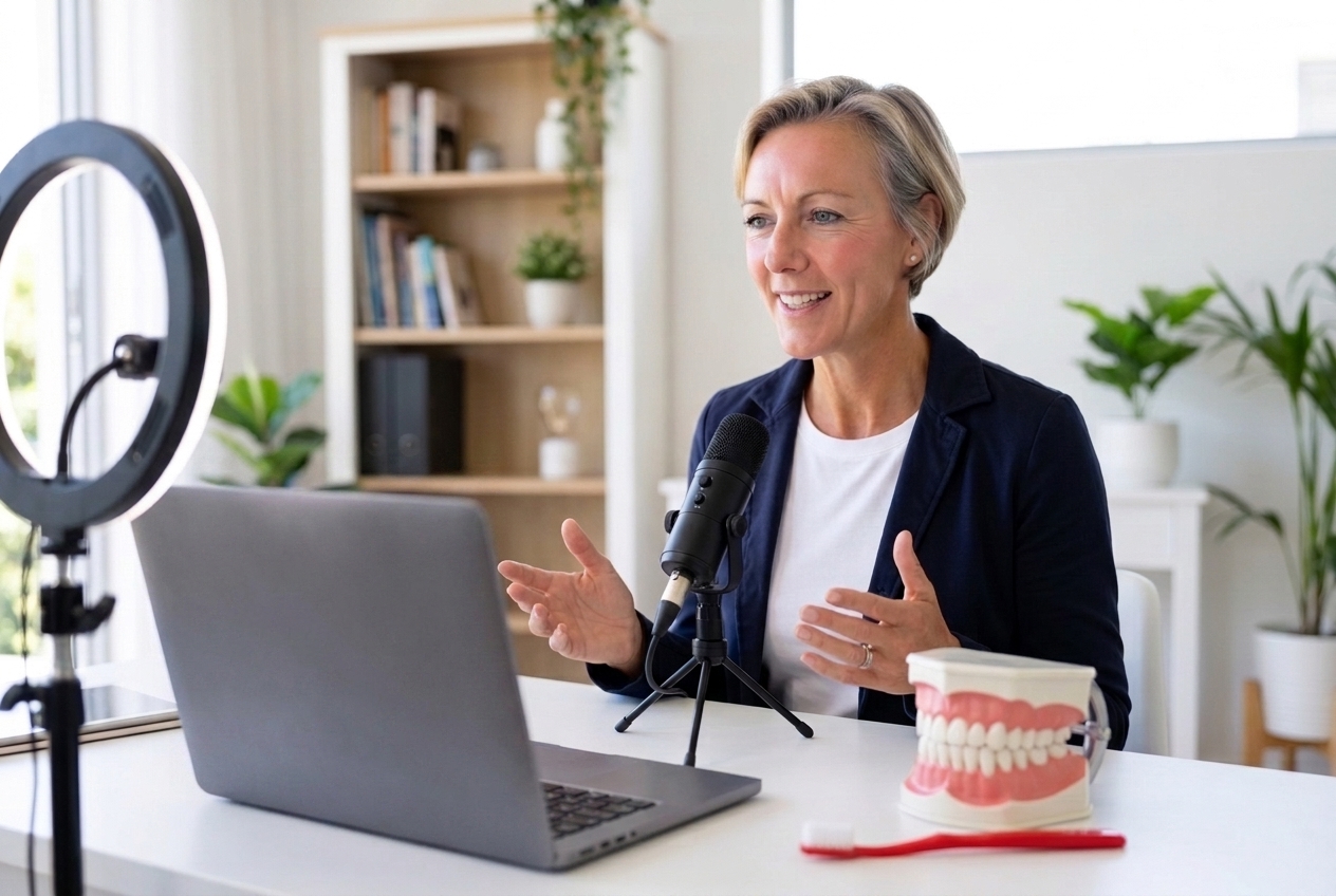 Oral health trainer delivering a live online webinar with a teeth model