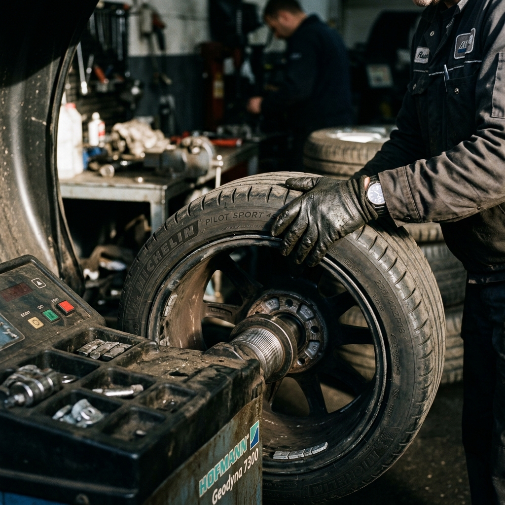 Technician balancing a wheel at The Tire Shoppe