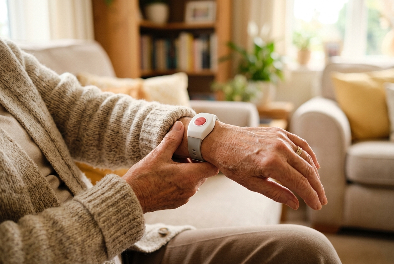 Seniorin mit Hausnotruf-Armband am Handgelenk