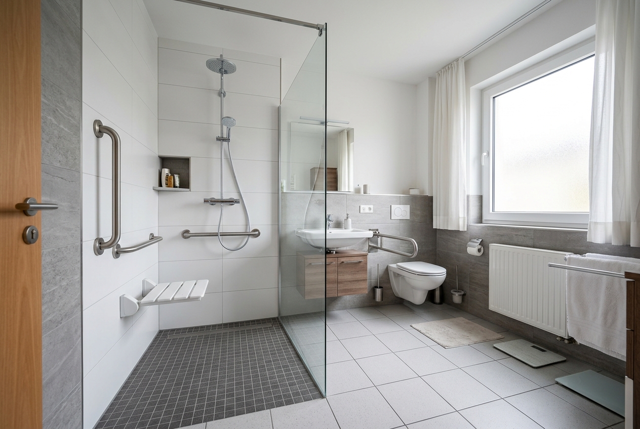 Barrierefreies Bad mit bodengleicher Dusche und Haltegriffen