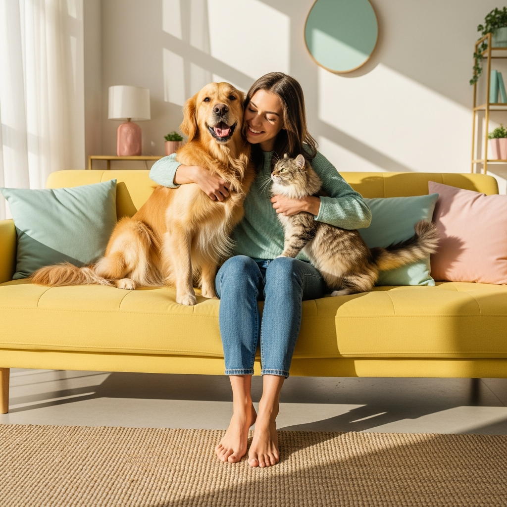 Happy pet owner with dog and cat in pastel living room