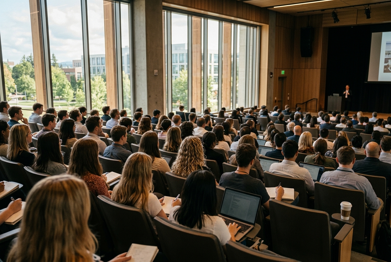 A full lecture hall at a campus event