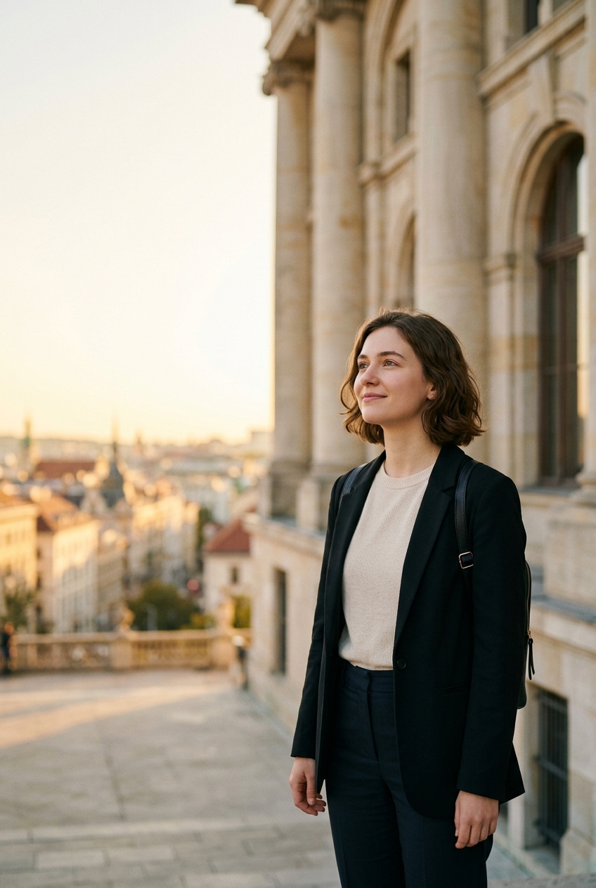 A student on a campus terrace looking toward the city