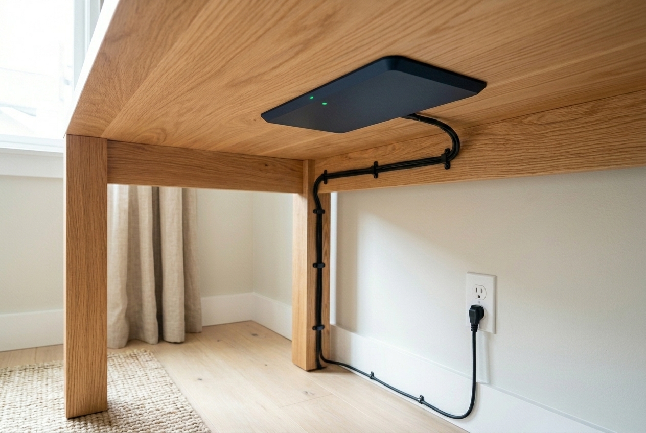 ChargeRevo Surface mounted under a home-office desk with one tidy cord