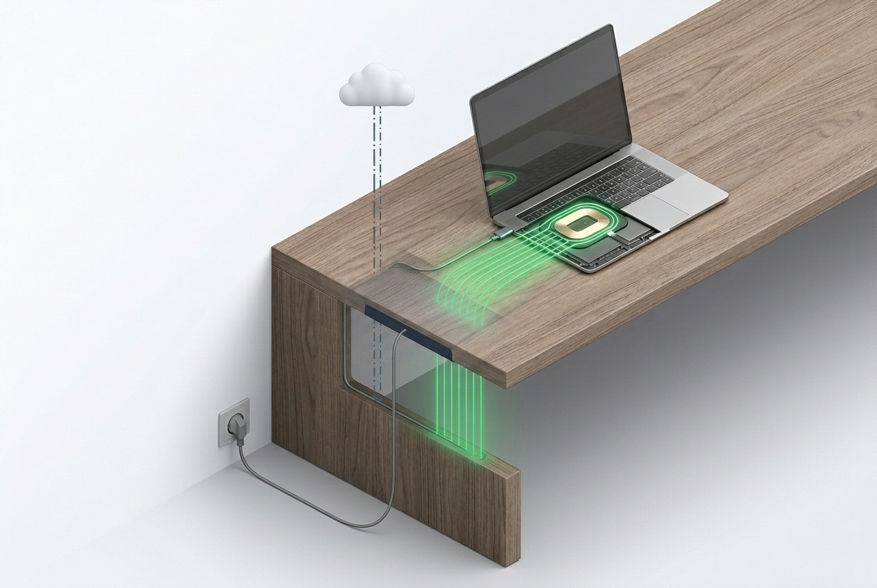 Cutaway diagram: wall outlet to a Revo transmitter mounted flush under a solid desk, green energy field rising through the wood into the laptop's Revo Tag receiver (a thin cable routes to the laptop's USB-C port), with a separate dotted entitlement token from the cloud control plane