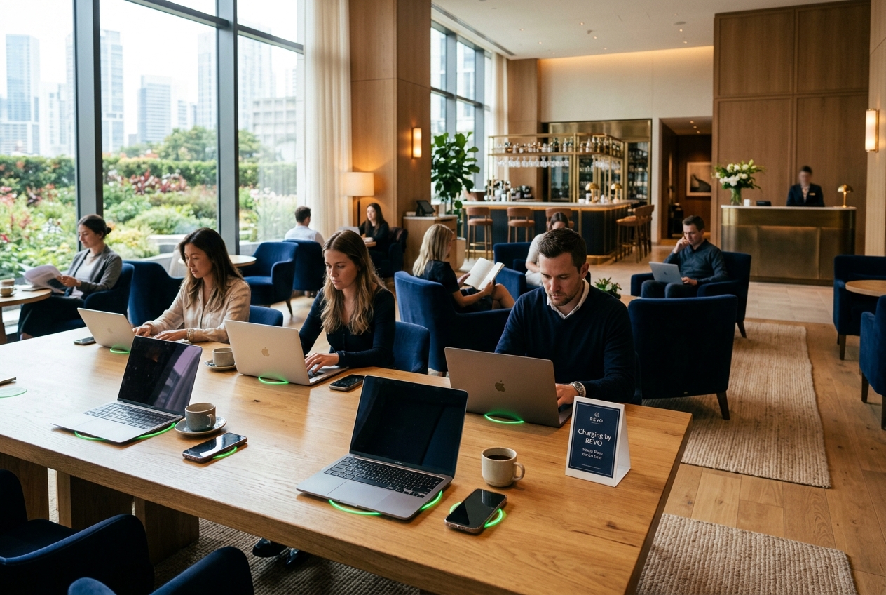 Hotel lobby with ChargeRevo charging tables