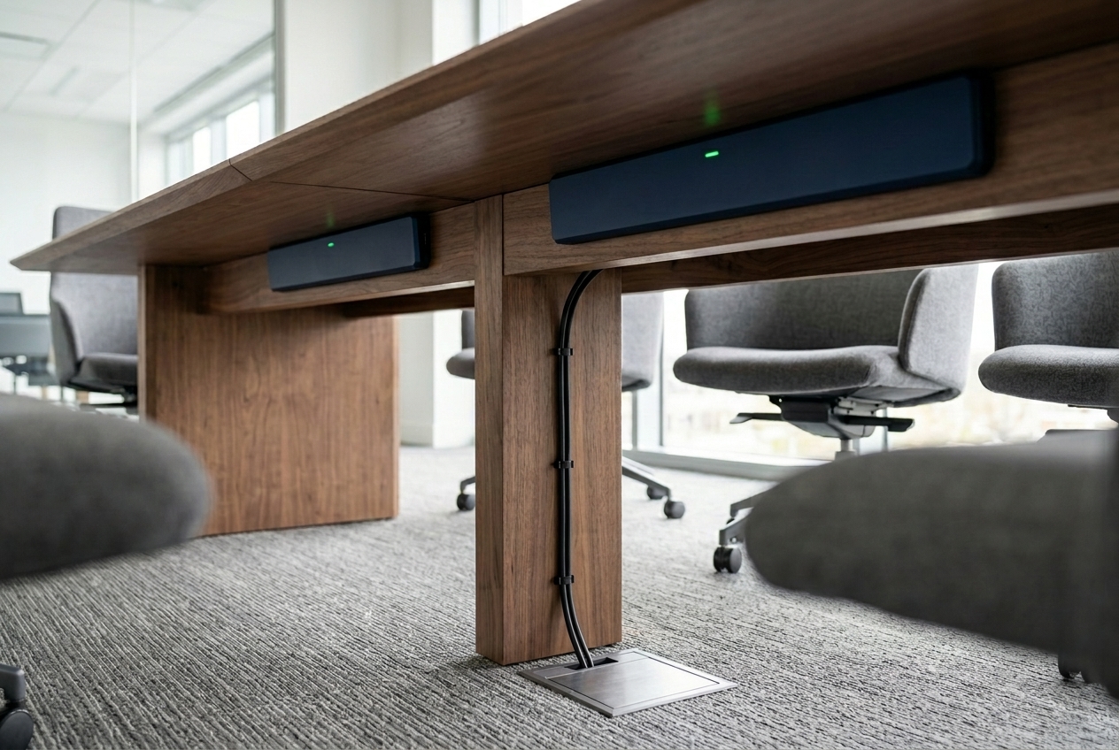 ChargeRevo panels mounted under a conference table with one cable-managed cord