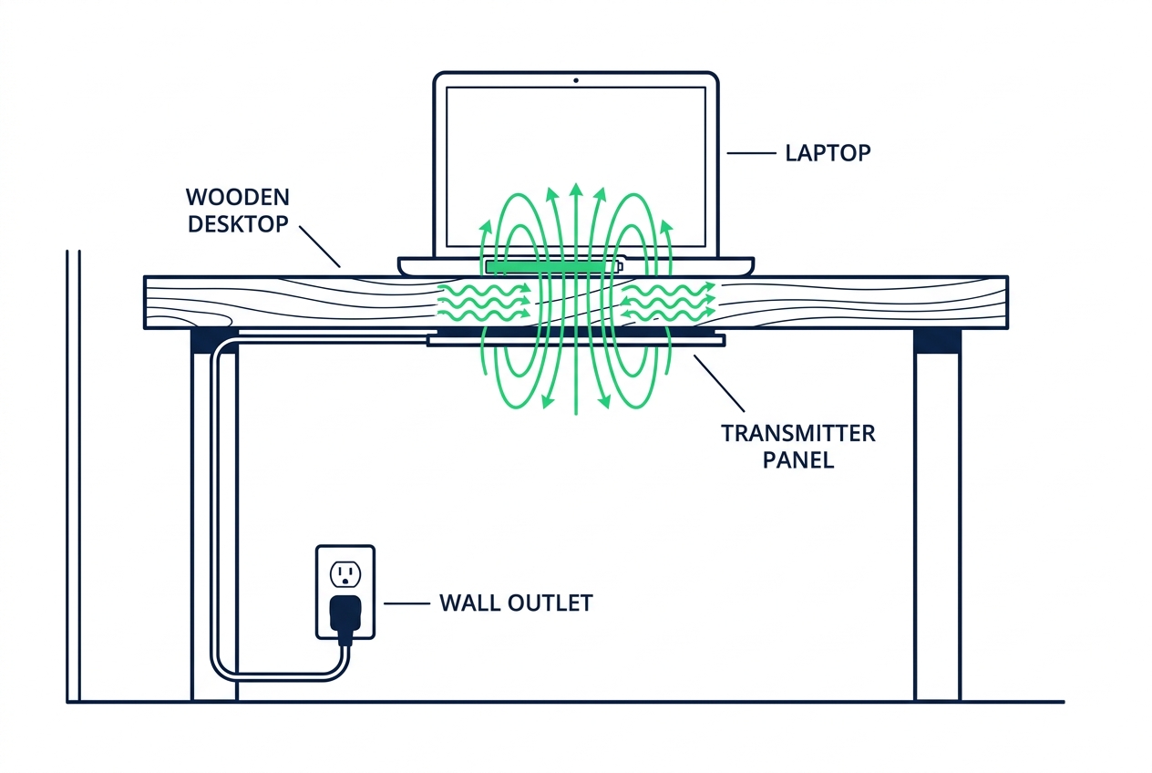 Cross-section of a desk with ChargeRevo transmitter