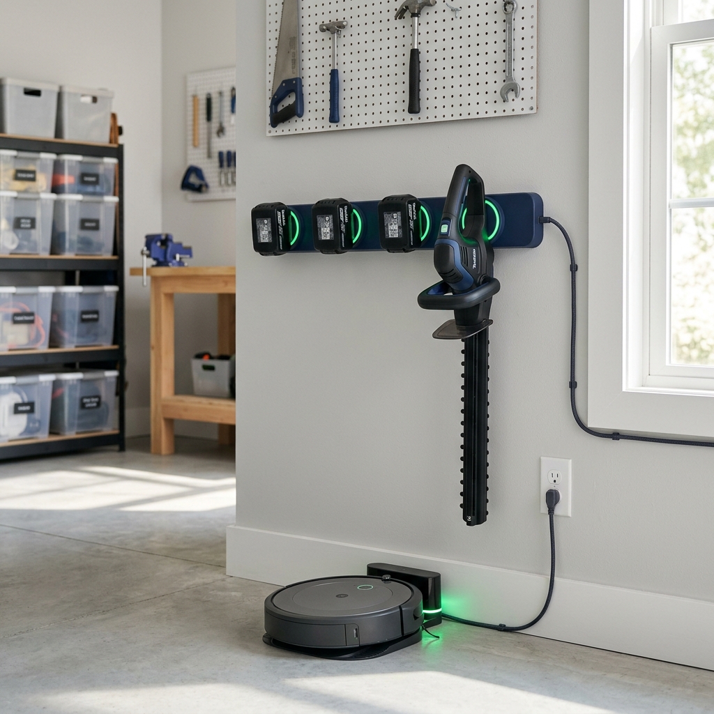 Garage shelf strip charging cordless tools and a robot vacuum